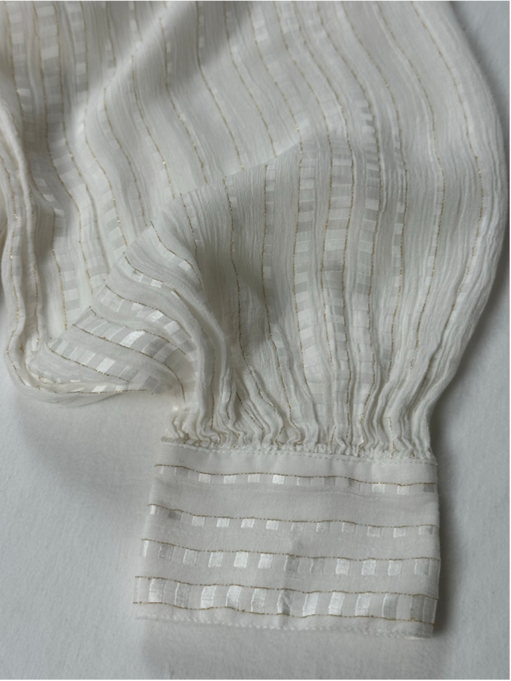 Ann Taylor Small Ivory Metallic Stripe High Neck Puff Sleeve Romantic Blouse - Picture 7 of 13